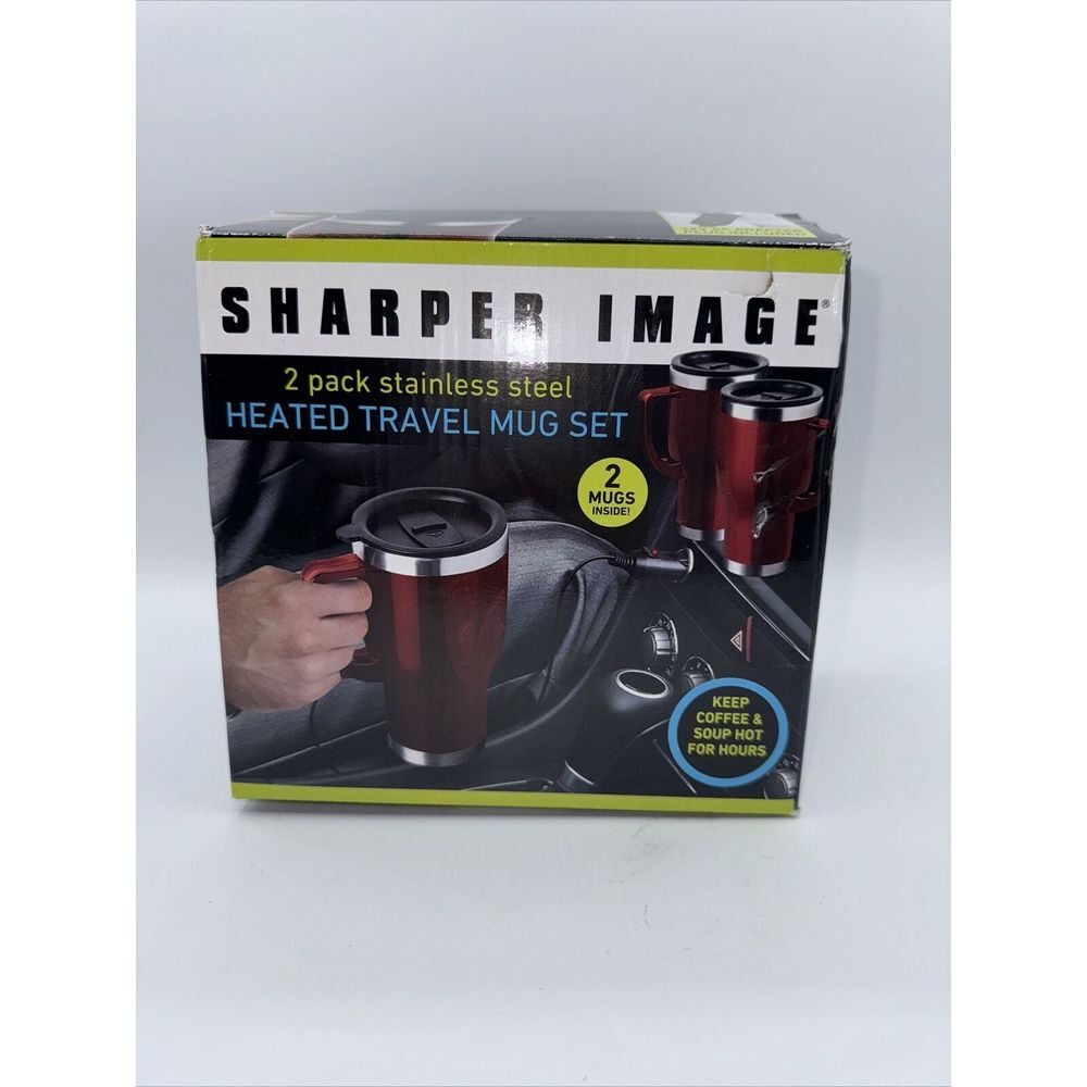 Sharper Image Heated Travel Coffee Mug‎ Stainless Steel 2 Pack No Spill Plug In